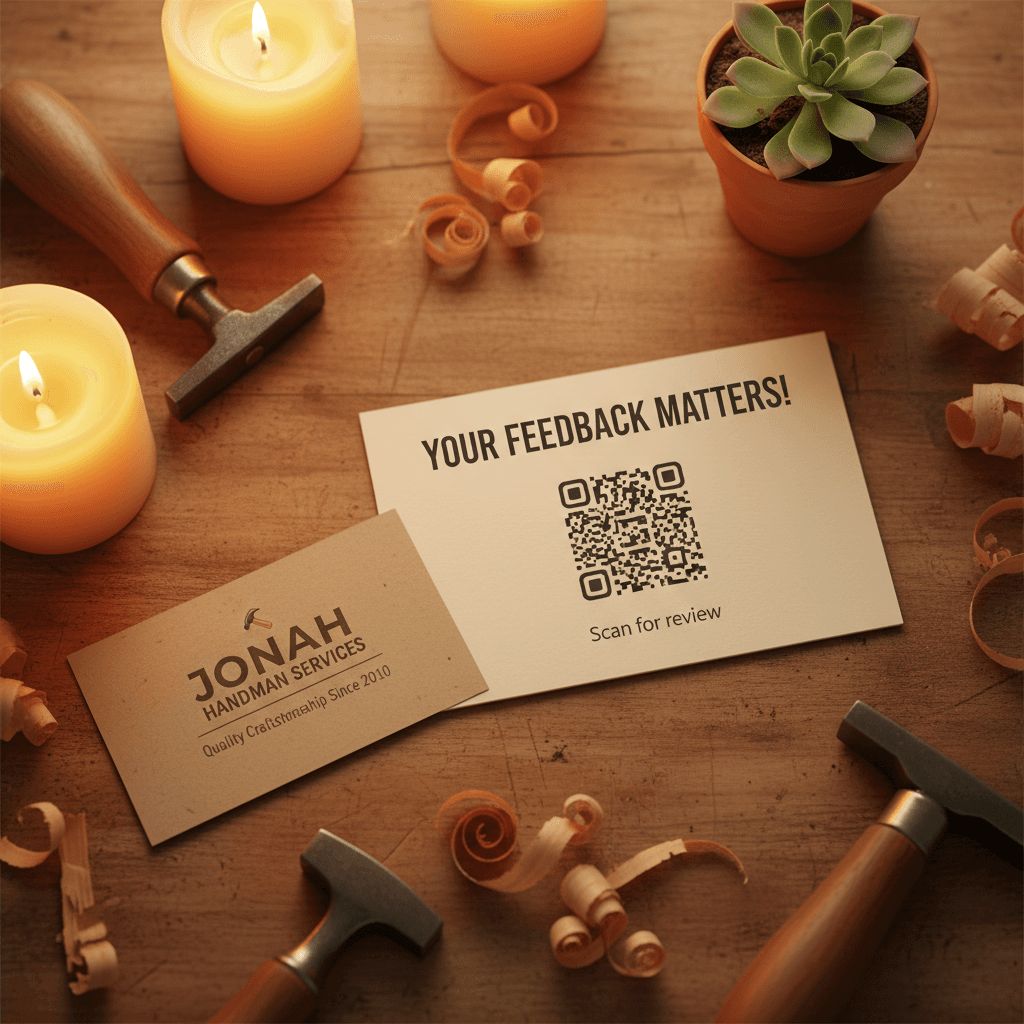 Printed review card with QR code next to business card