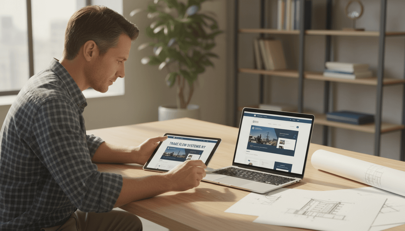 Contractor reviewing professional website designs on laptop and tablet at modern workspace