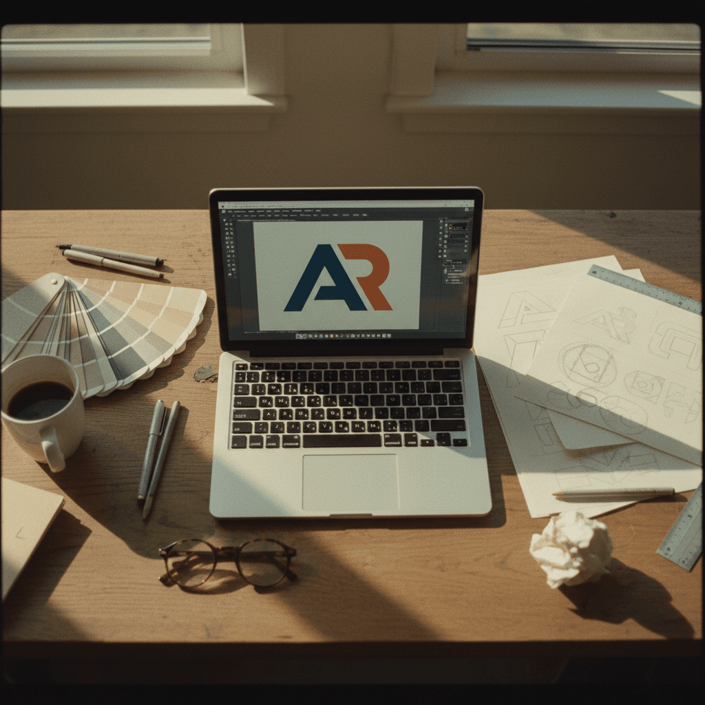 Logo design workspace with brand guidelines and color swatches